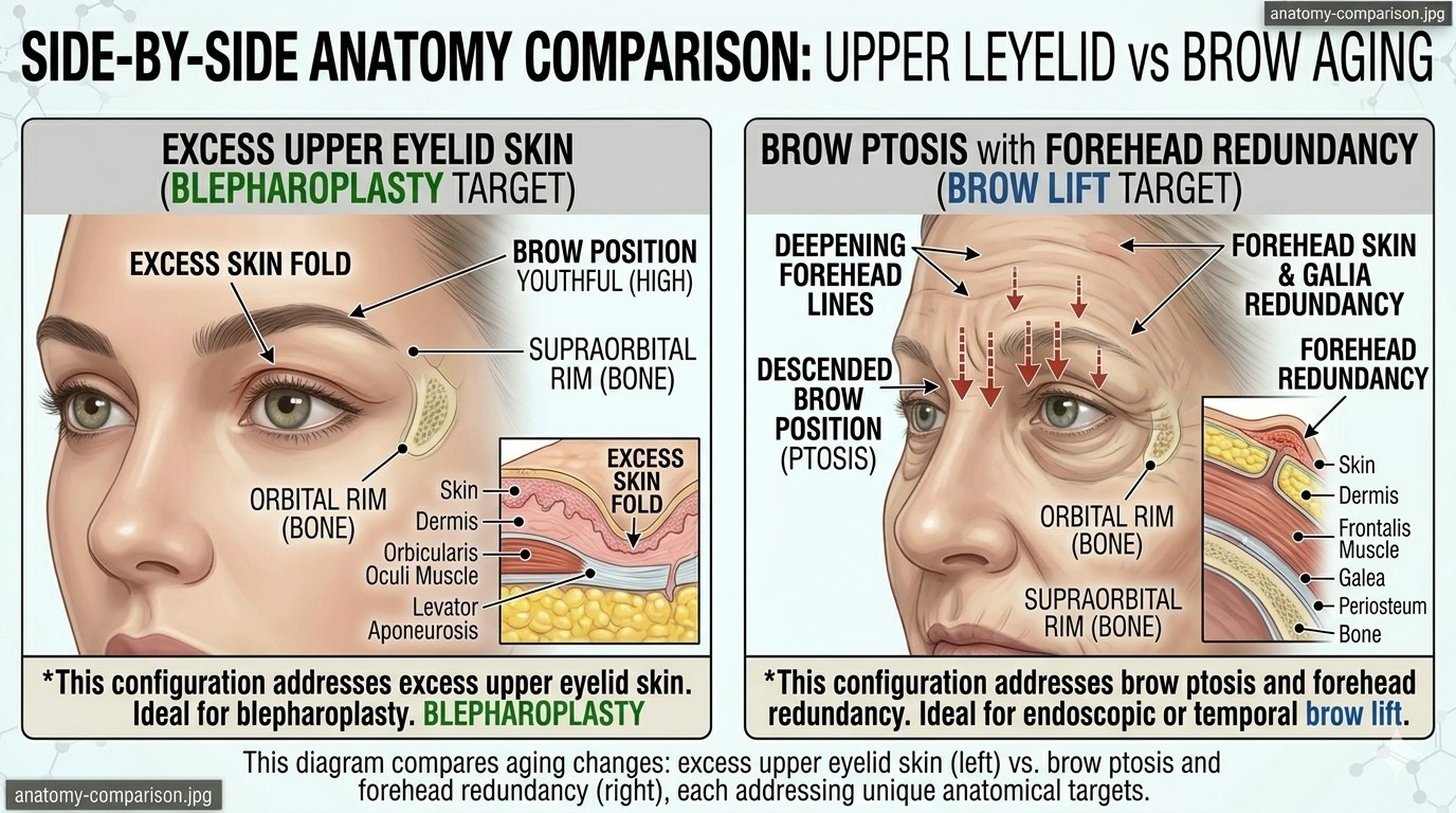 Side-by-side anatomical illustration showing dermatochalasis with normal brow position versus brow ptosis with normal eyelid skin