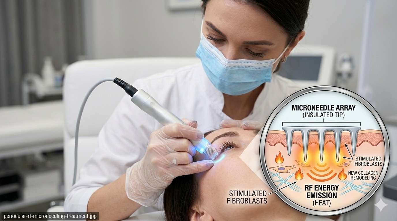 Oculoplastic surgeon performing RF microneedling around the eyes