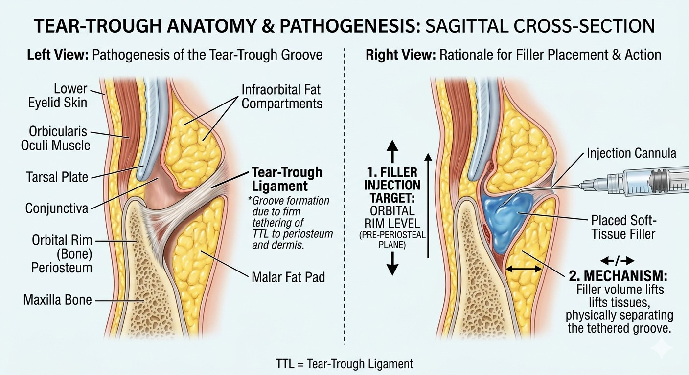 Diagram showing the tear trough ligament along the medial orbital rim