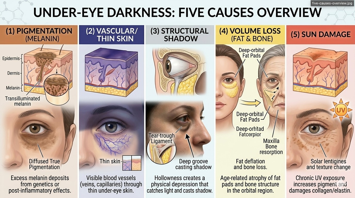 Diagram showing the five distinct causes of under-eye dark circles